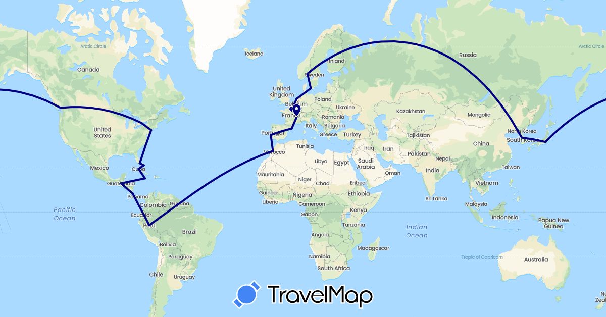 TravelMap itinerary: driving in Bahamas, Canada, Costa Rica, Cuba, Denmark, Spain, France, Guatemala, Jamaica, Japan, South Korea, Morocco, Netherlands, Norway, Peru, Portugal, United States (Africa, Asia, Europe, North America, South America)